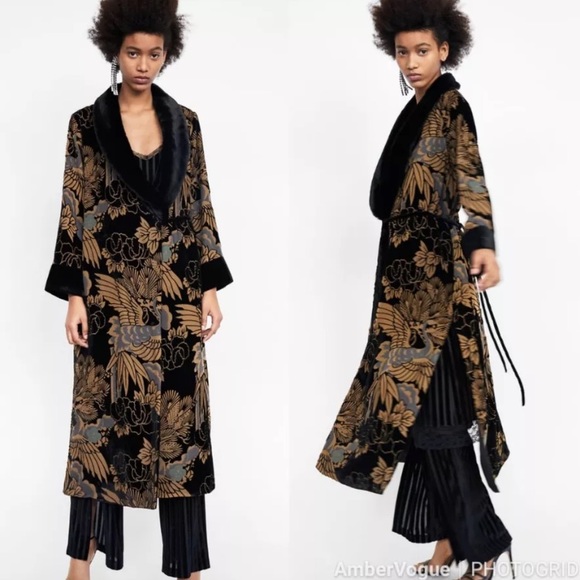 Zara Velvet Kimono Devore Jacket Coat 